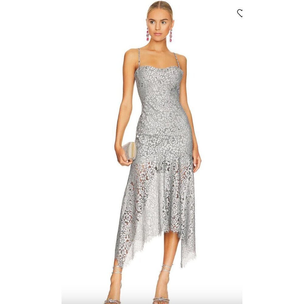 Karina Grimaldi NWT Issy Lace Midi Dress Metallic Silver Size XS